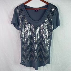 Rock & Roll Cowgirl Women's Western Chevron Sequin Top Size M Coal Gray Blouse